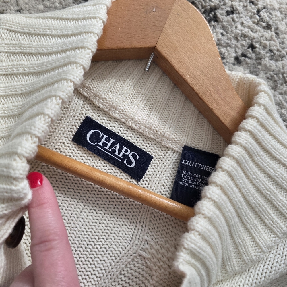 Cableknit Button Sweater Cotton Mens XXL Cream Preppy 90s Business Casual Chaps - Picture 3 of 9